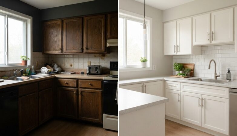 A bright kitchen with freshly painted cabinets and modern silver hardware.