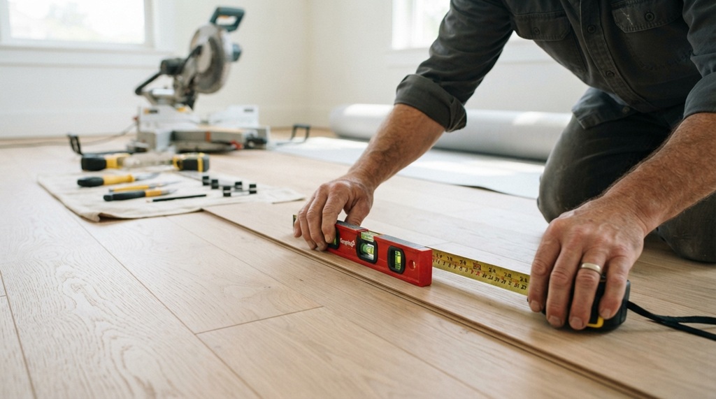 A man measuring wooden flooring planks with a tape measure.