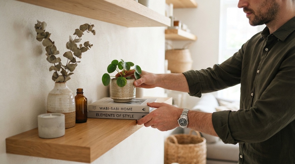 A man arranging small plants and decor on floating shelves.