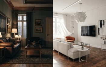 Split screen showing a living room before and after a quick makeover.