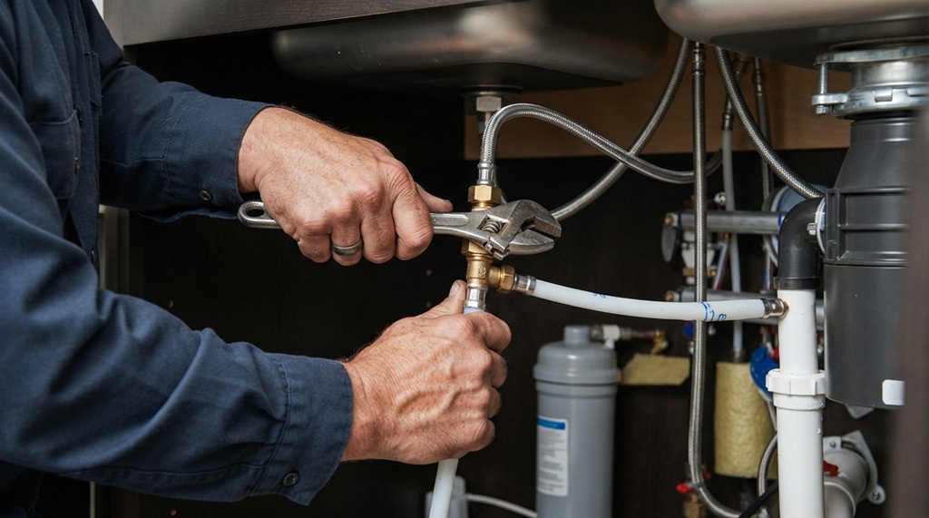 A male contractor repairing a pipe fitting under a clean kitchen sink with a wrench.