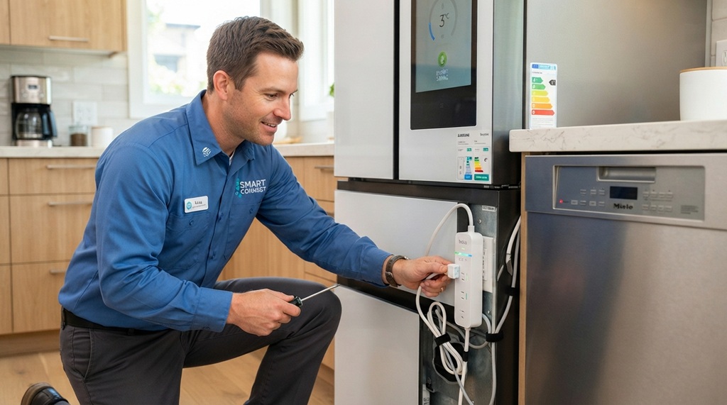 A male technician installing energy-efficient smart home device accessories.