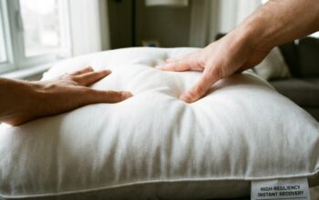 Fluffy white throw pillow insert inside a neutral linen cover on a gray sofa.