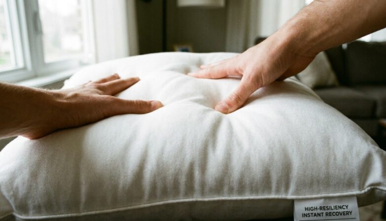 Fluffy white throw pillow insert inside a neutral linen cover on a gray sofa.