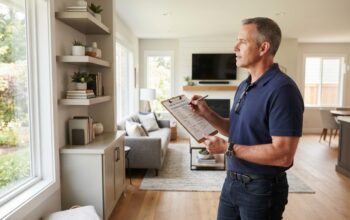 A male homeowner inspecting a modern house holding a maintenance checklist clipboard.