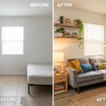 Man arranging framed wall art during budget renter friendly living room makeover.