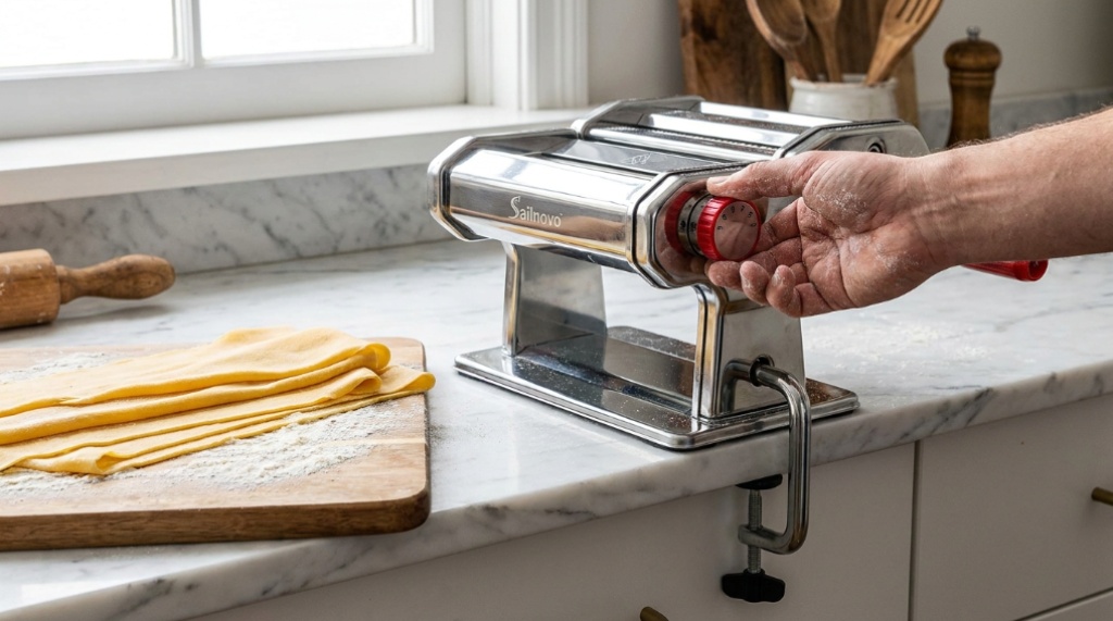 Thin sheet of fresh dough rolling through a pasta machine.