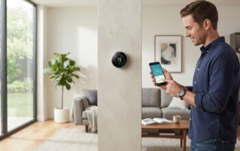 A man using a smartphone app to adjust his smart thermostat.