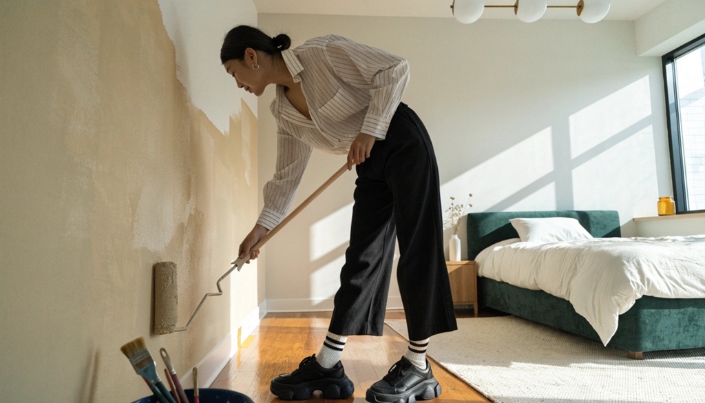 Woman using a paint roller on a bedroom accent wall during DIY home improvement.