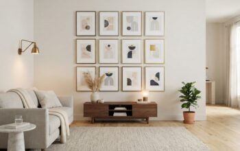 Framed abstract prints forming a gallery wall in a bright living room.