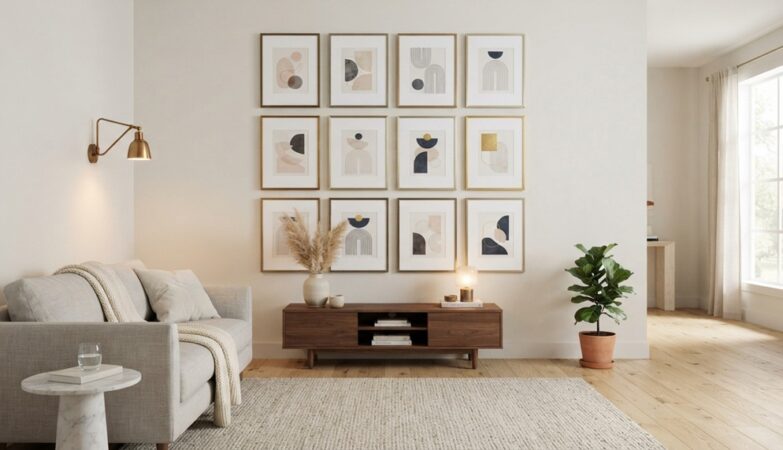 Framed abstract prints forming a gallery wall in a bright living room.