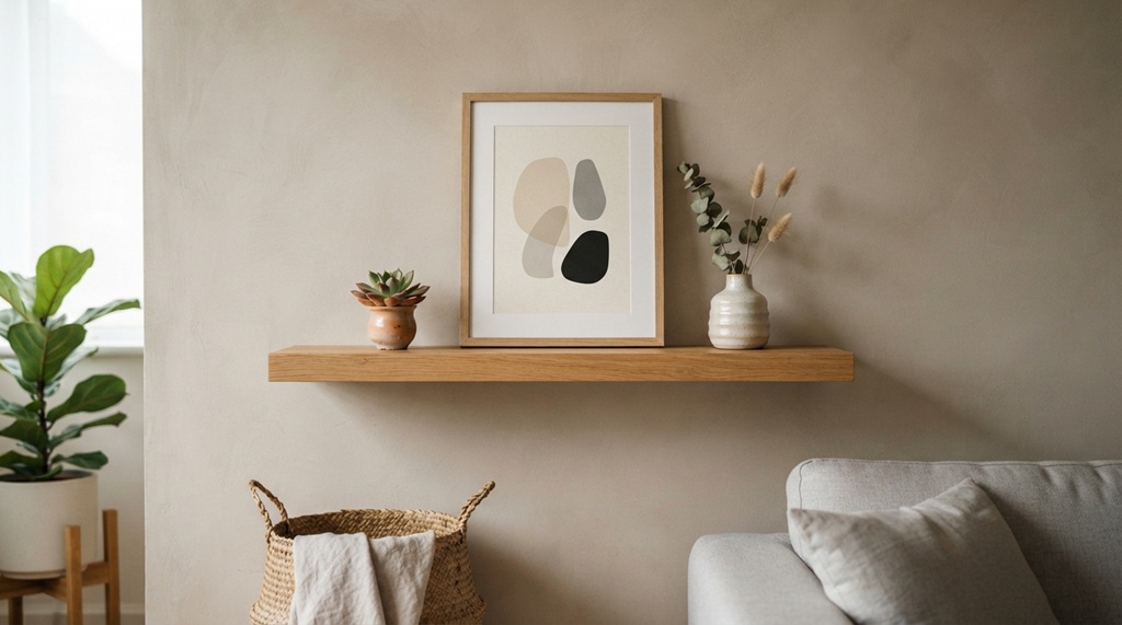 Wooden floating shelf holding framed art print and small succulent plant.